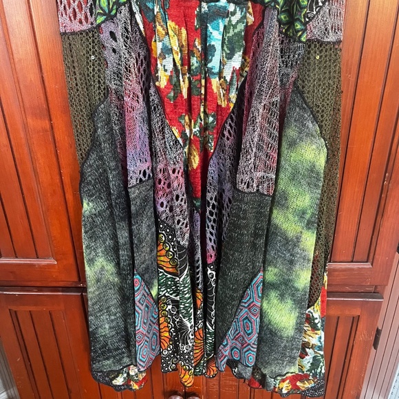 Dor Dor Couture Green Multi Mixed Media Artsy Sleeveless Sweater Cardigan Sz M - Picture 5 of 9